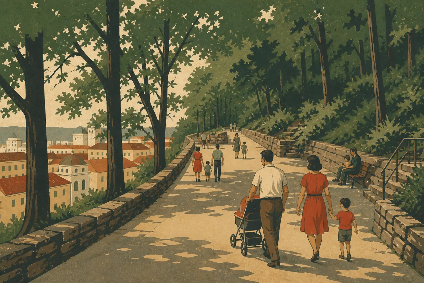 Illustration sérigraphiée : Familles flânant sous les arbres sur la Grand Promenade pavée, derrière les thermes historiques