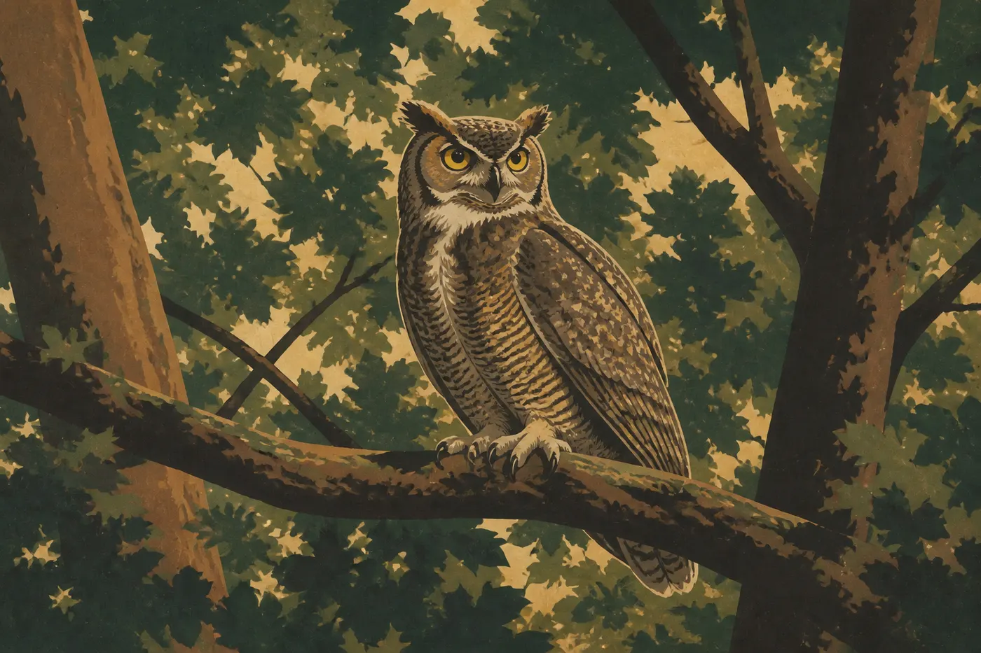 Illustration sérigraphiée : Grand-duc d’Amérique perché sur une branche dans la canopée sombre de North Mountain