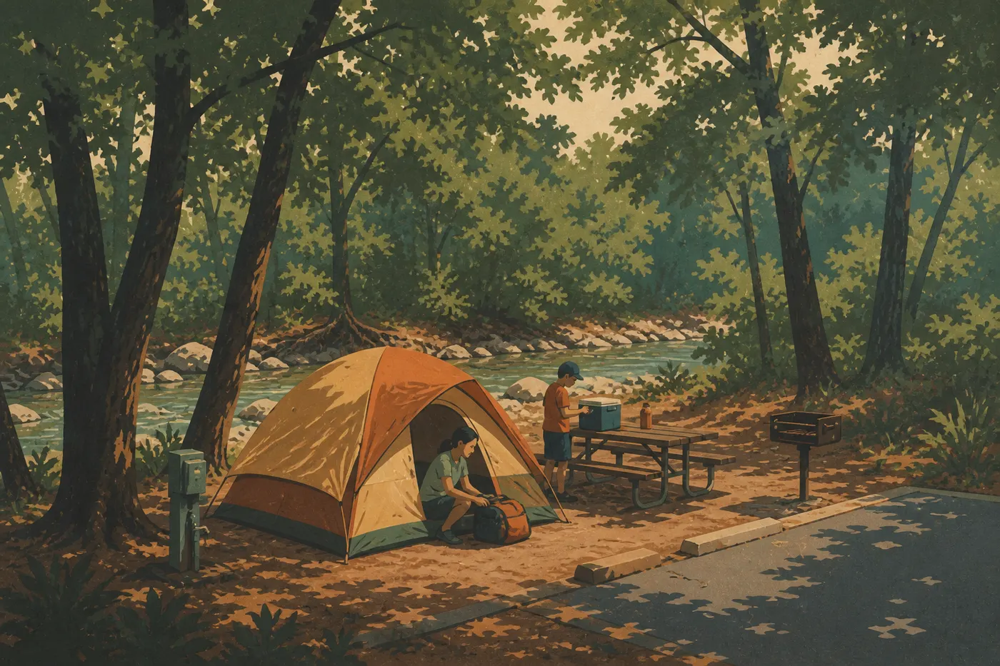 Illustration sérigraphiée : Tente installée sous les arbres au Gulpha Gorge Campground, à quelques pas de Gulpha Creek