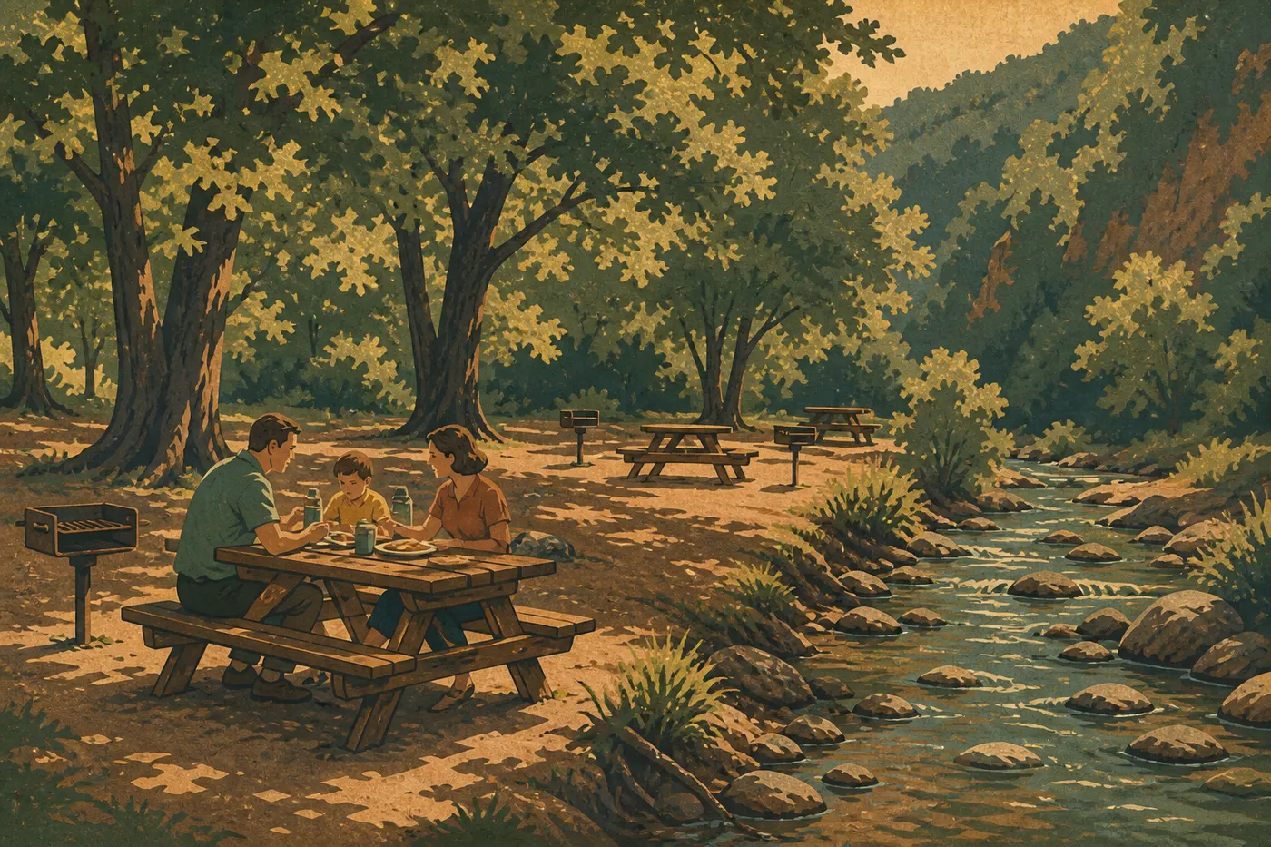 Illustration sérigraphiée : Tables de pique-nique ombragées près de Gulpha Creek dans l’aire de jour de Gulpha Gorge