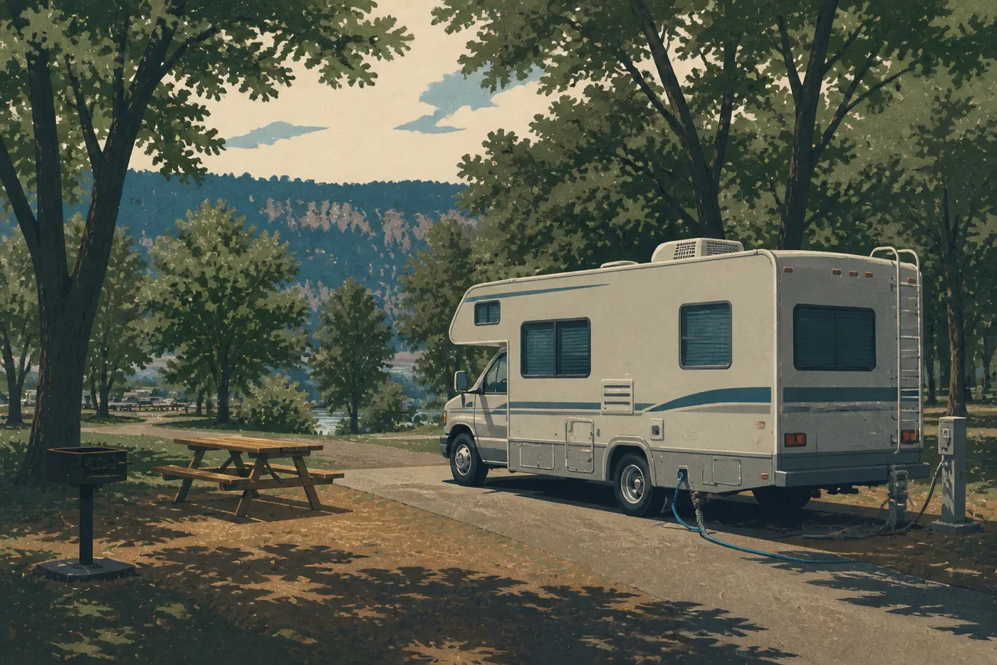 Illustration sérigraphiée : Camping-car stationné sur un emplacement boisé avec branchements complets au Gulpha Gorge Campground