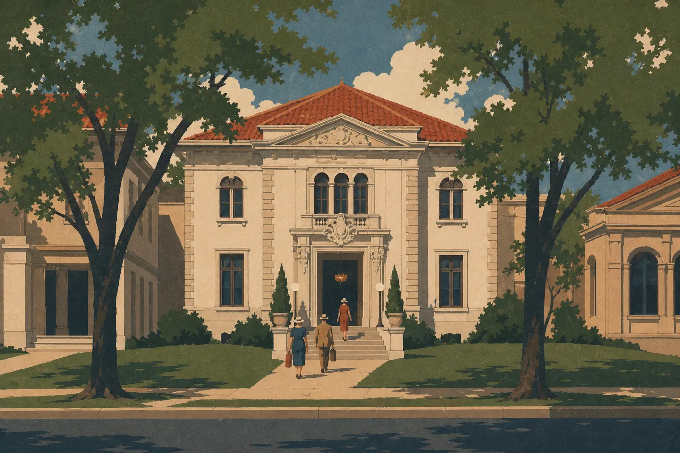 Illustration sérigraphiée : Façade du Hale Bathhouse transformé en hôtel-boutique au milieu de l’historique Bathhouse Row