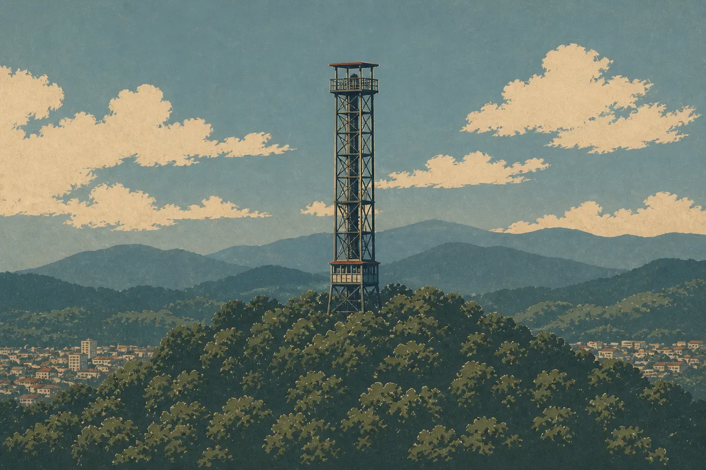 Illustration sérigraphiée : Hot Springs Mountain Tower dominant la forêt des Ouachita et la ville depuis le sommet