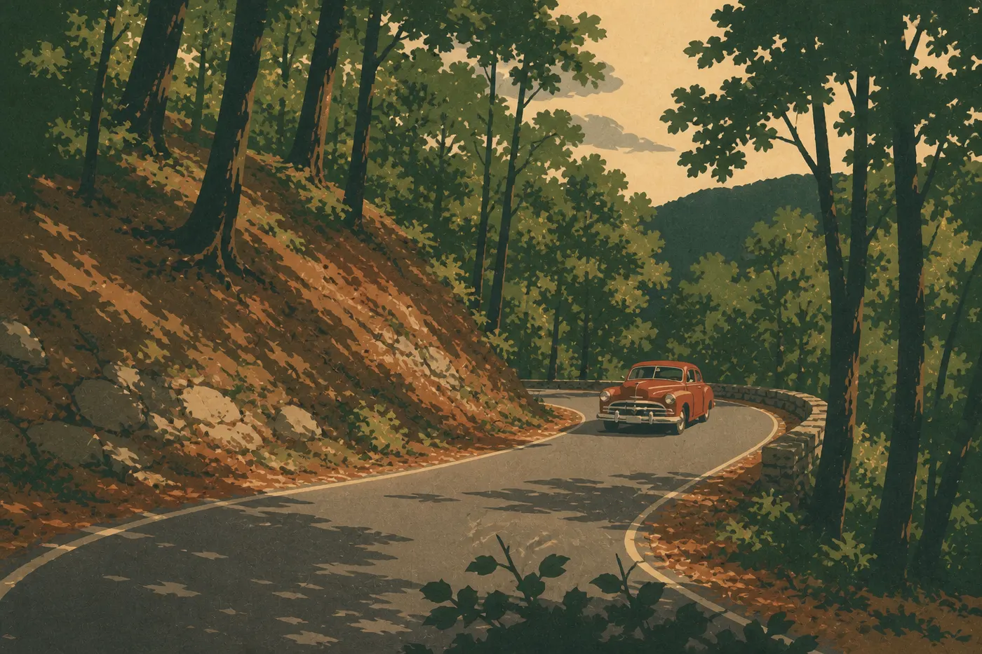 Illustration sérigraphiée : Voiture négociant les lacets boisés de Hot Springs Mountain Scenic Drive vers le sommet