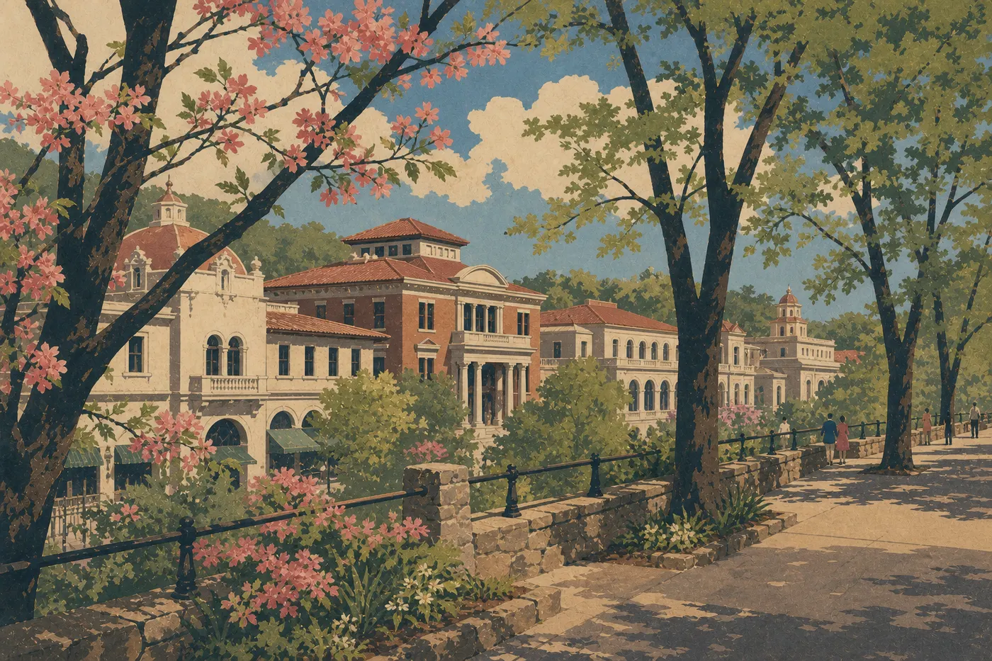 Illustration sérigraphiée : Floraison printanière encadrant la promenade et les façades historiques de Bathhouse Row
