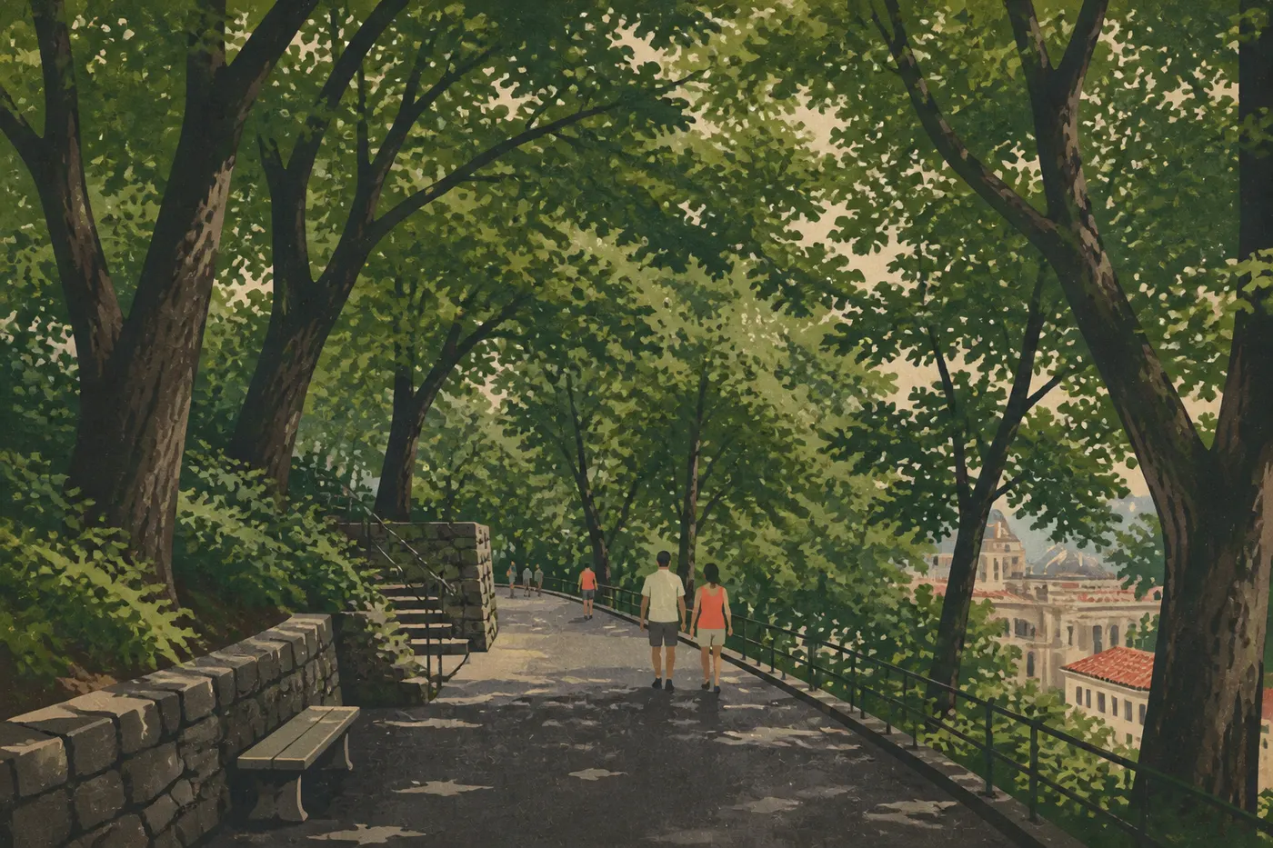 Illustration sérigraphiée : Canopée estivale dense ombrageant le sentier pavé de la Grand Promenade par temps humide