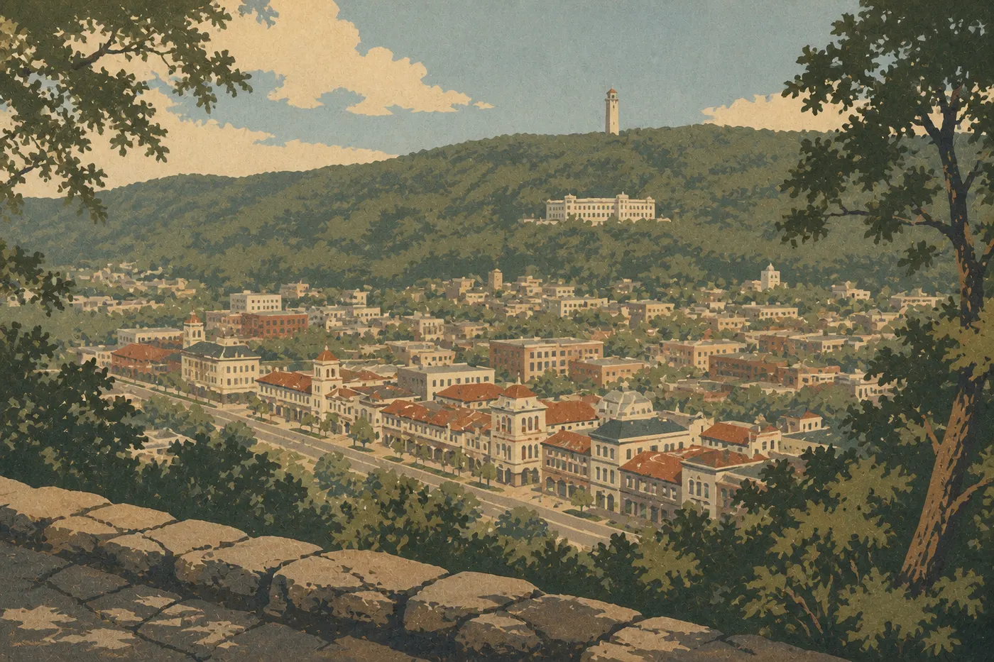 Illustration sérigraphiée : Vue plongeante sur Bathhouse Row et le centre-ville depuis West Mountain Lower Overlook