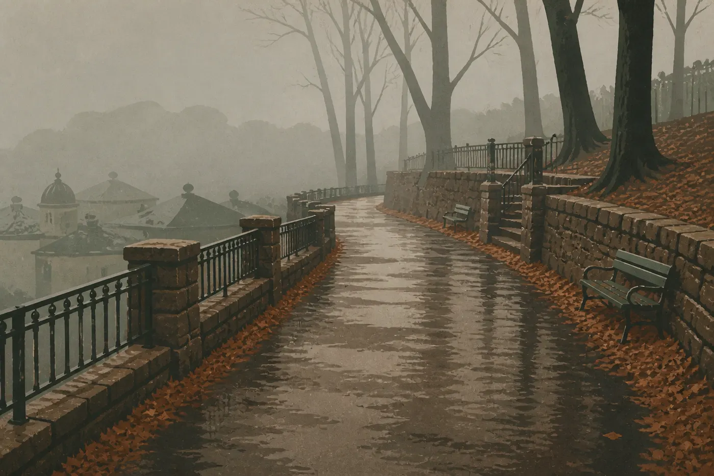 Illustration sérigraphiée : Grand Promenade déserte enveloppée d’un brouillard hivernal entre balustrades et arbres nus