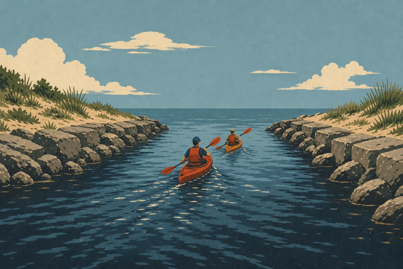 Illustration sérigraphiée : Des kayakistes gagnent le lac Michigan depuis Burns Waterway, entre jetées et dunes du front lacustre.
