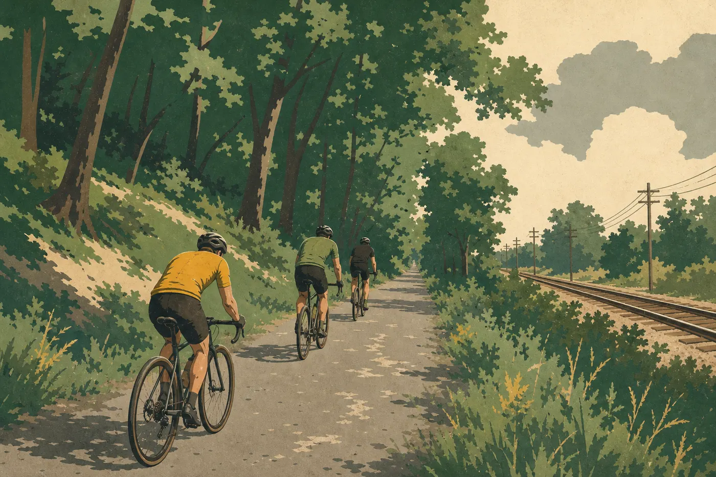 Illustration sérigraphiée : Des cyclistes parcourent le Calumet Trail sous les arbres, parallèlement aux dunes et au corridor ferroviaire.