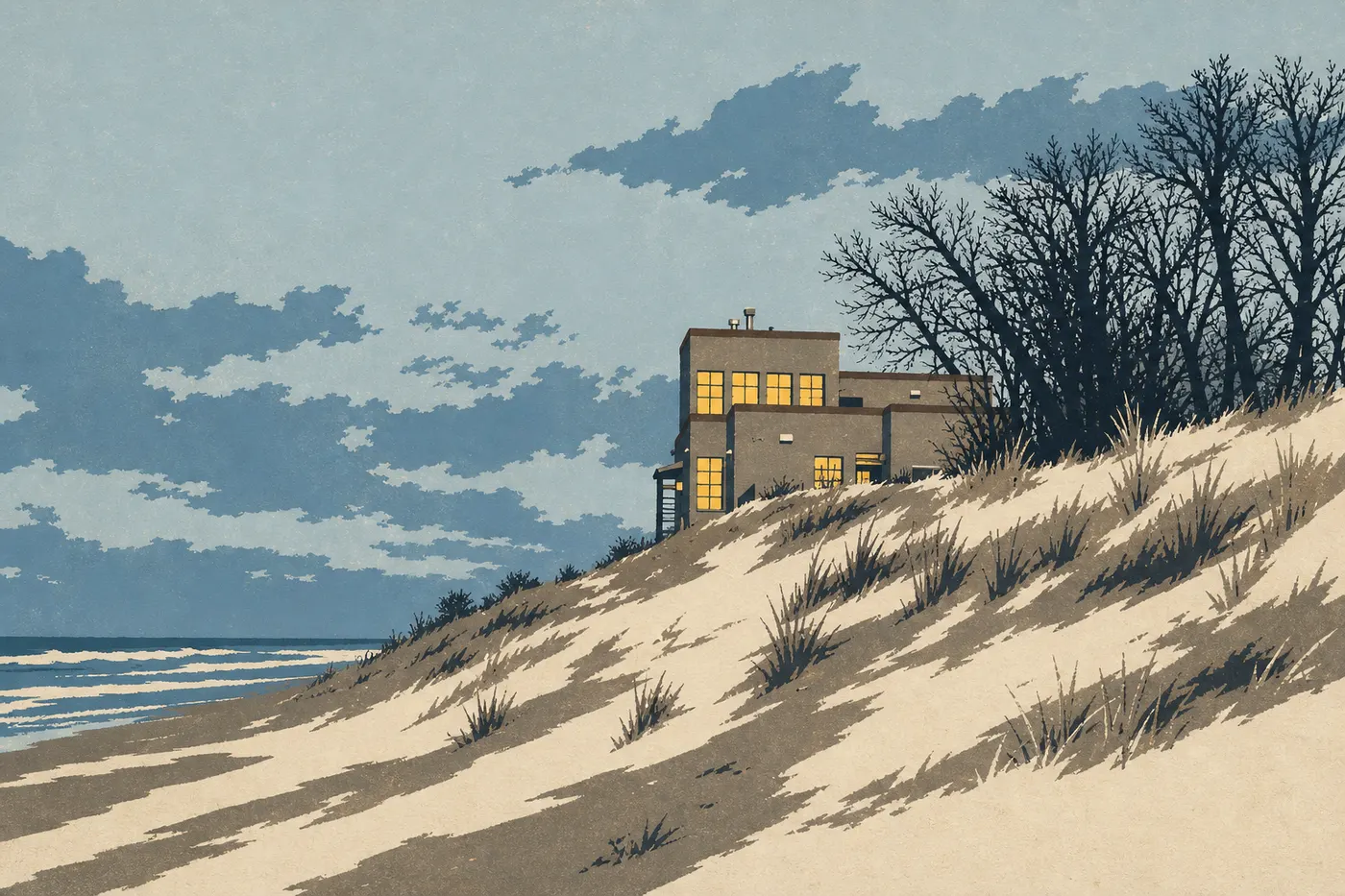 Illustration sérigraphiée : Les maisons modernistes Century of Progress se dressent derrière la plage et les dunes de Beverly Shores.