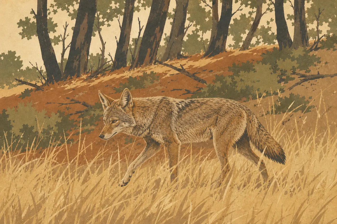 Illustration sérigraphiée : Un coyote au pelage fauve avance dans les herbes sèches d'une dune boisée en lisière.