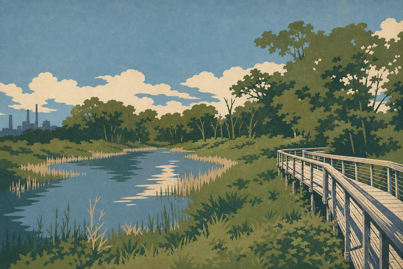 Illustration sérigraphiée : Le Paul H. Douglas Center ouvre sur Miller Woods, avec les installations industrielles perceptibles au-delà des dunes.