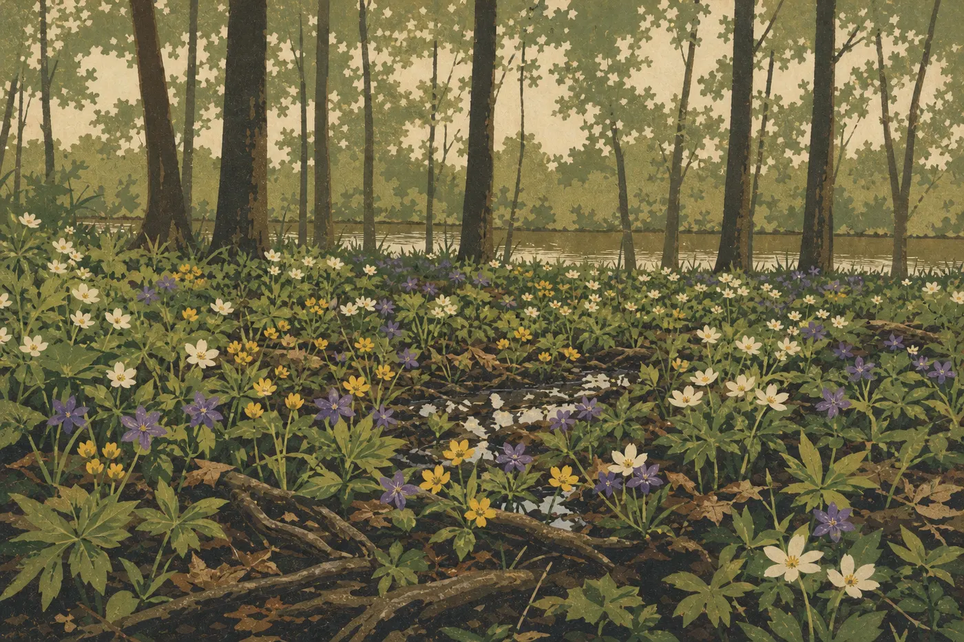 Illustration sérigraphiée : Des fleurs sauvages printanières tapissent la forêt humide près de la Little Calumet River.