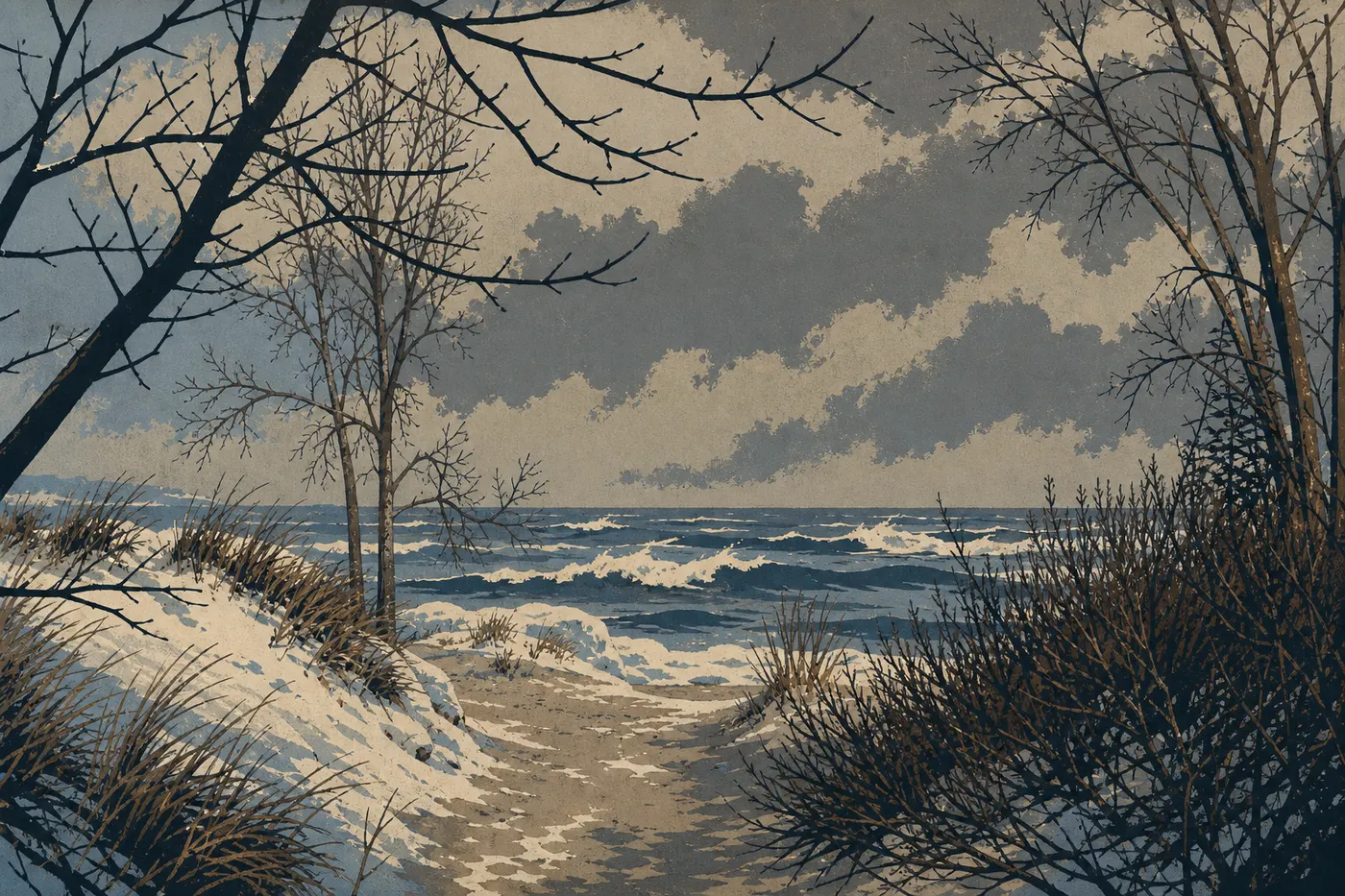 Illustration sérigraphiée : La glace de rive et la neige transforment la plage du lac Michigan en paysage arctique.