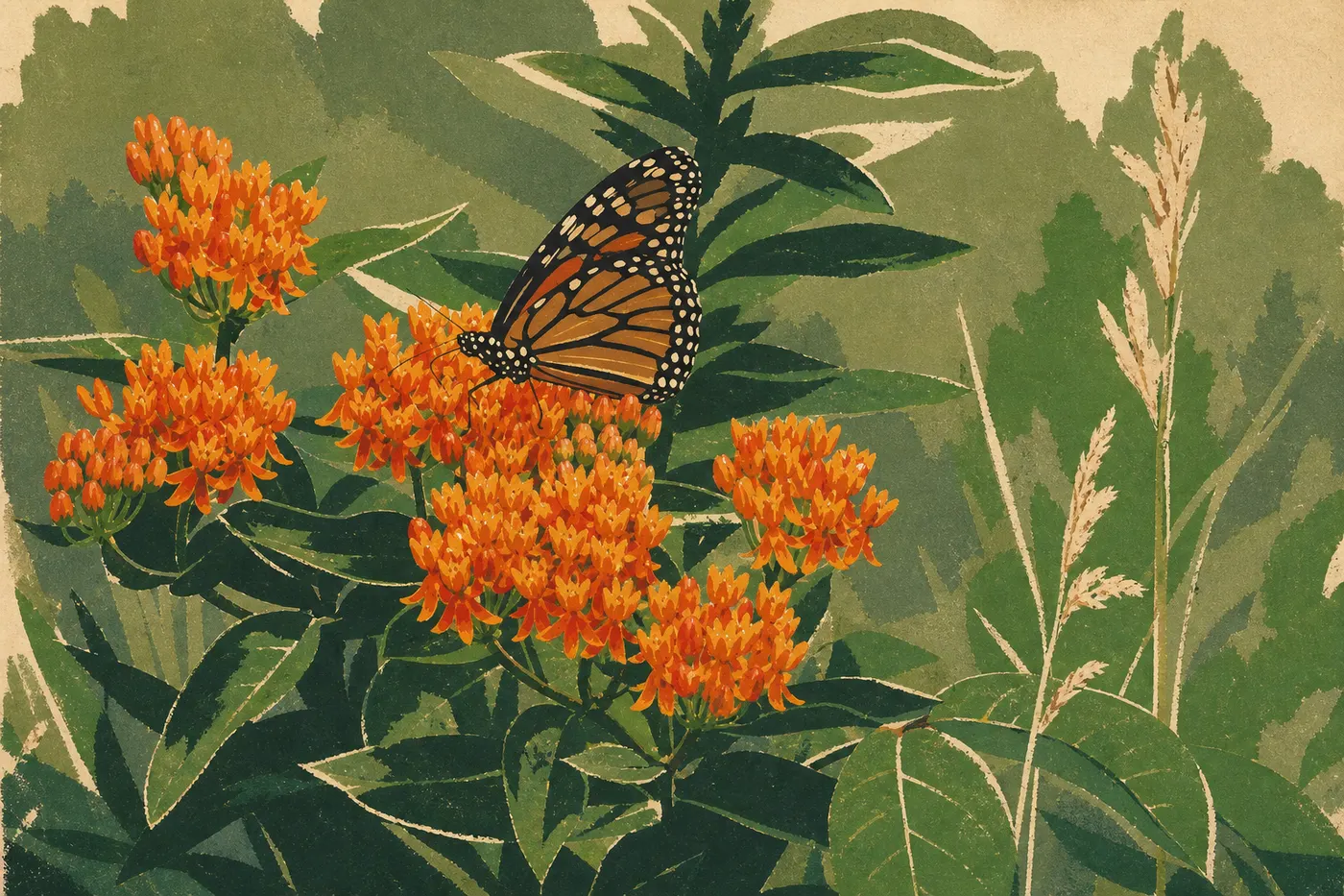 Illustration sérigraphiée : Un papillon monarque se pose sur une verge d'or fleurie au milieu d'une prairie du parc.