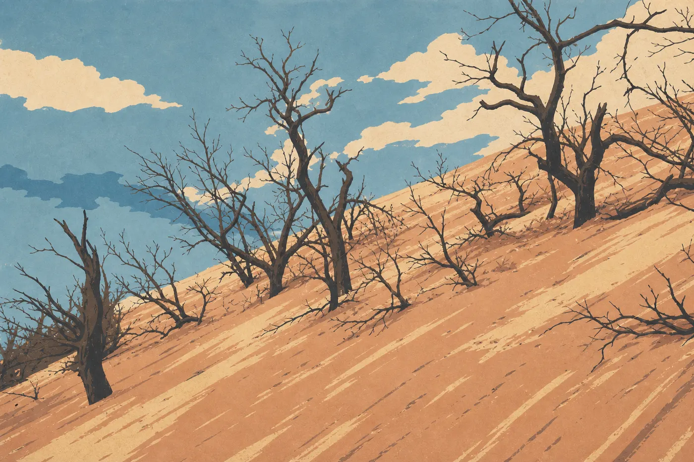 Illustration sérigraphiée : La pente nue de Mount Baldy domine la rive, avec sa dune mobile modelée par le vent.
