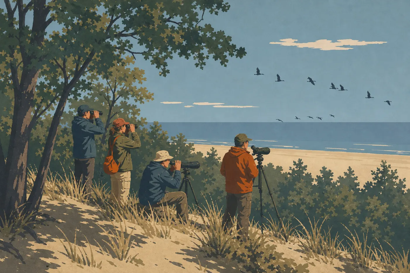 Illustration sérigraphiée : Un groupe d'observateurs scrute les oiseaux migrateurs depuis les dunes boisées dominant le lac Michigan.