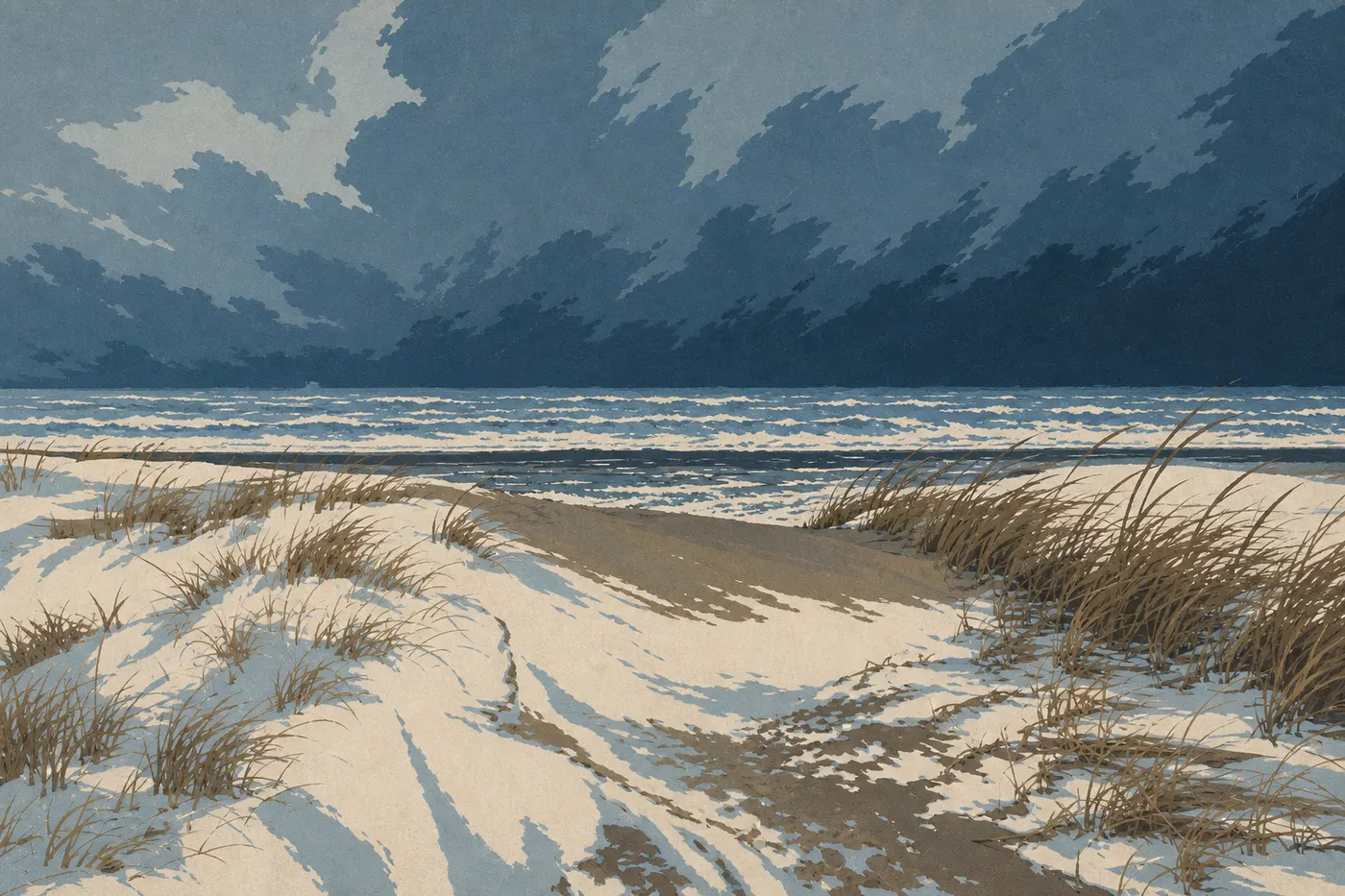Illustration sérigraphiée : De lourds nuages d'orage avancent sur le lac Michigan tandis que les oyats plient au vent.