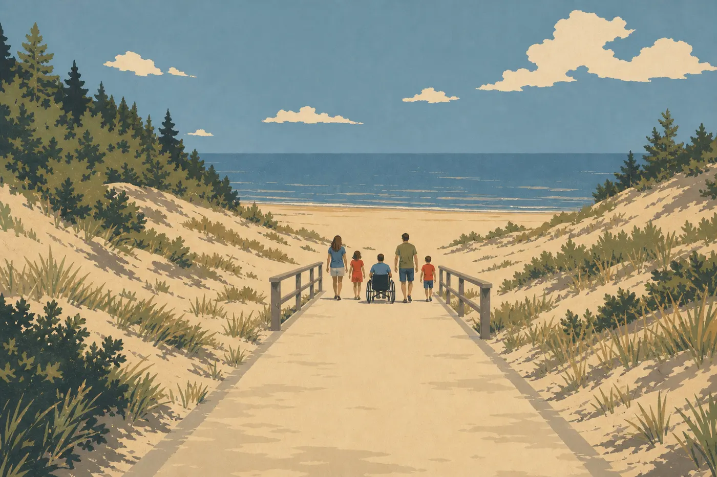 Illustration sérigraphiée : Une famille emprunte la passerelle accessible de West Beach entre les dunes et la plage.