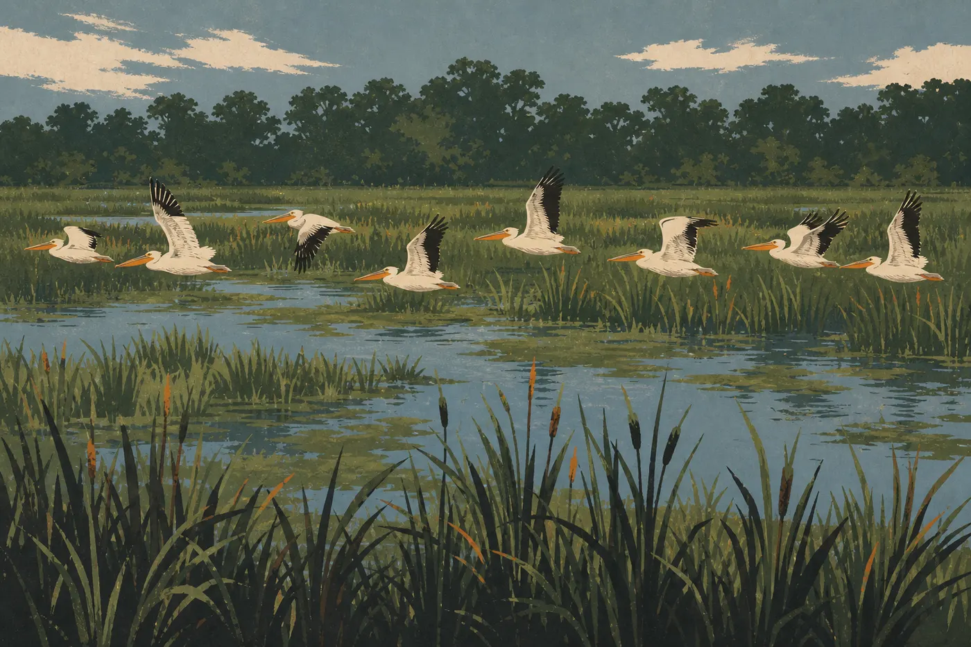 Illustration sérigraphiée : Des pélicans blancs d'Amérique survolent les eaux de la Great Marsh pendant leur halte migratoire.