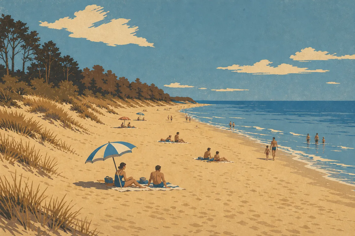 Illustration sérigraphiée : Des visiteurs profitent du sable de West Beach sous un ciel d'été ouvert sur le lac.