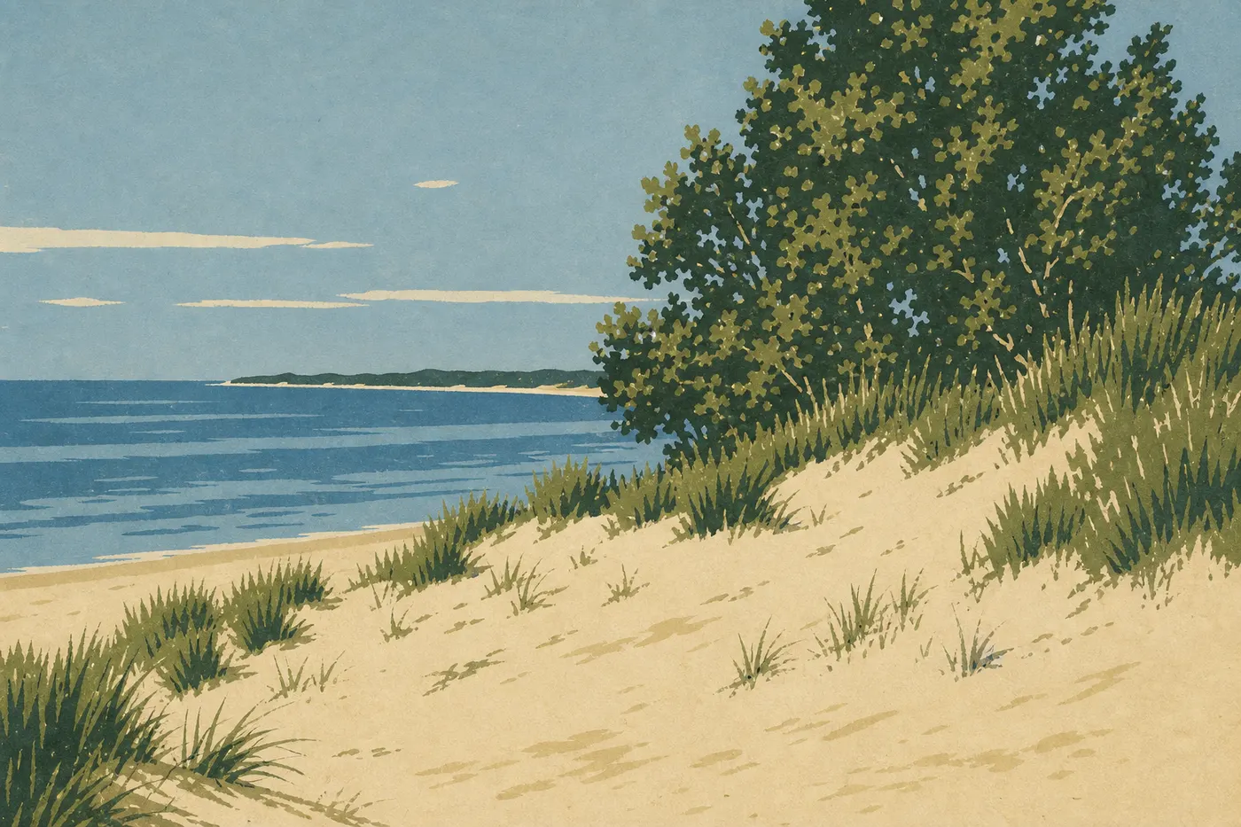 Illustration sérigraphiée : Les dunes boisées surplombent le sable de Kemil Beach, avec Lake View Beach visible sur le rivage.