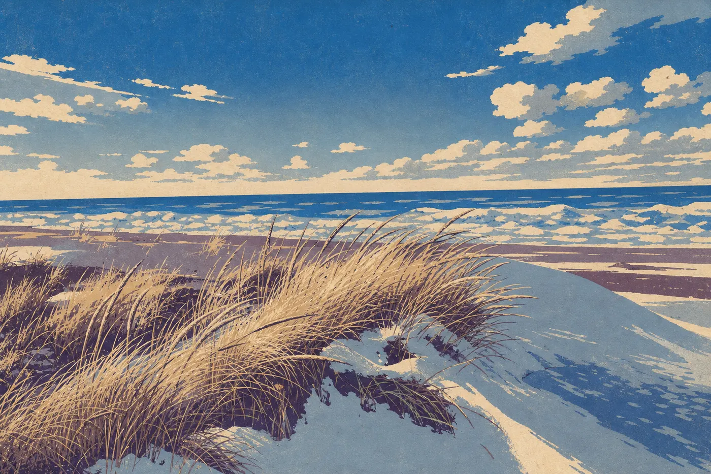 Illustration sérigraphiée : Les dunes herbeuses de West Beach encadrent la plage et l'immense horizon bleu du lac Michigan.