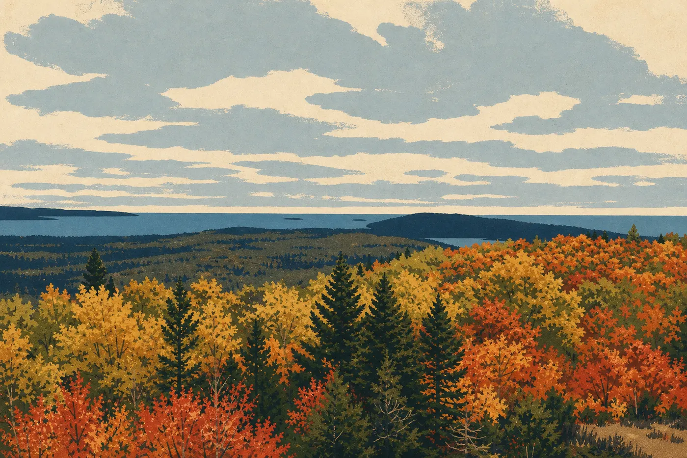Illustration sérigraphiée : La forêt automnale embrase Feldtmann Ridge de rouges et d'or au-dessus du bleu profond du lac Supérieur.