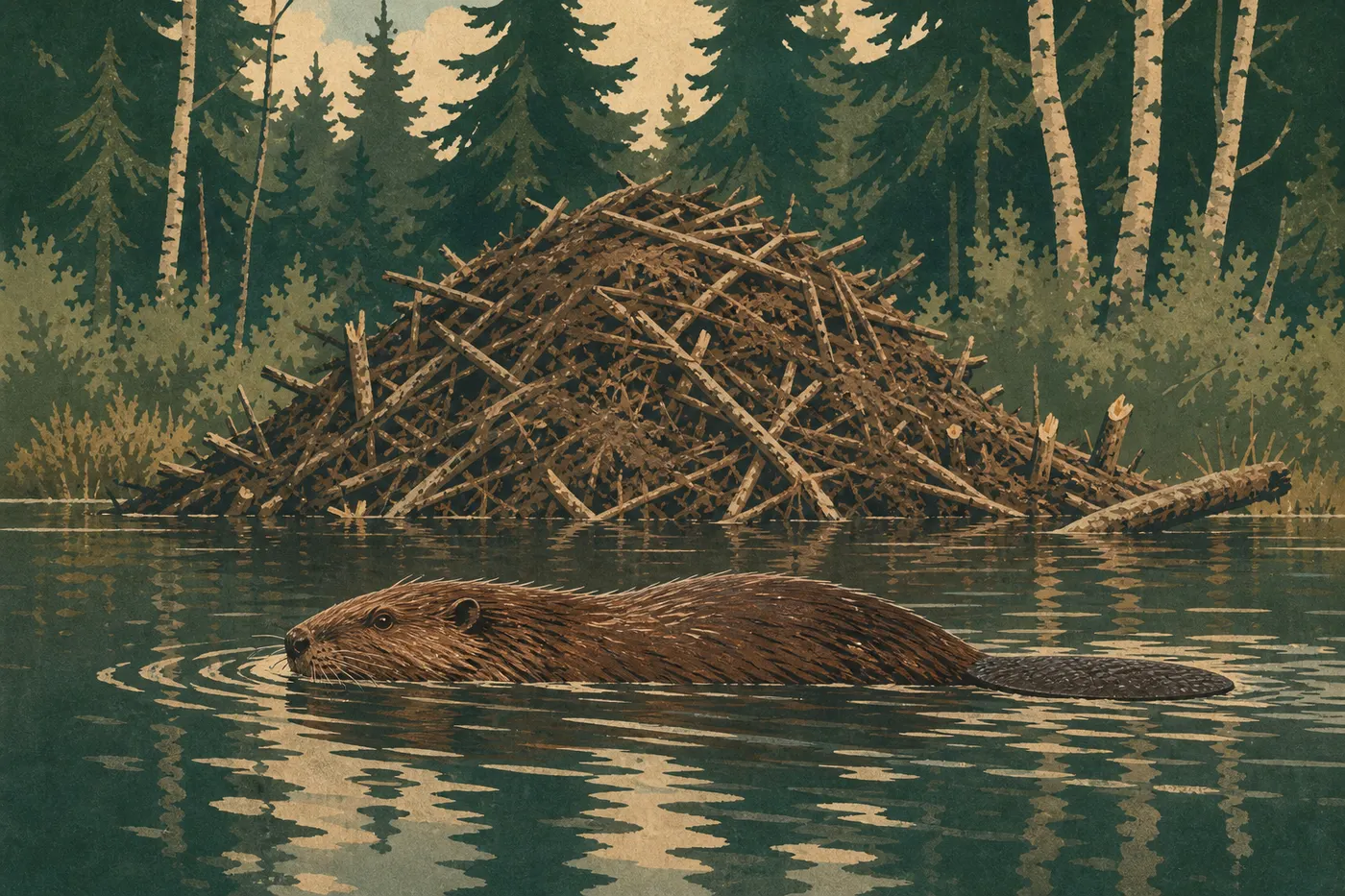 Illustration sérigraphiée : Un castor nage devant sa hutte dans un étang intérieur bordé d'épinettes et de bouleaux.