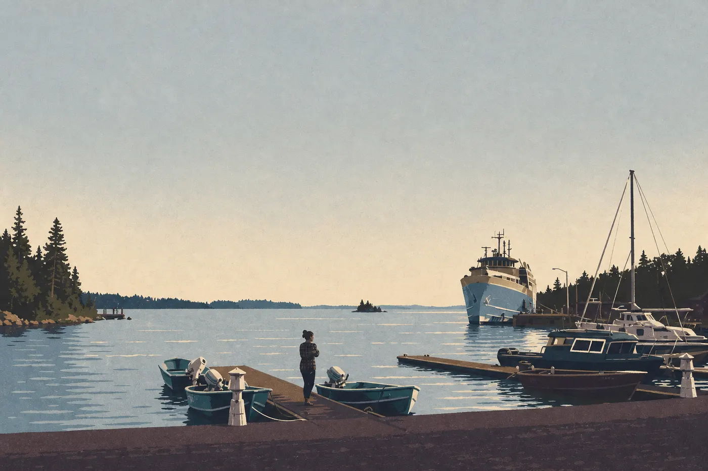 Illustration sérigraphiée : Sous le soleil estival, des canots colorés reposent sur le quai de Tobin Harbor devant l'eau calme.