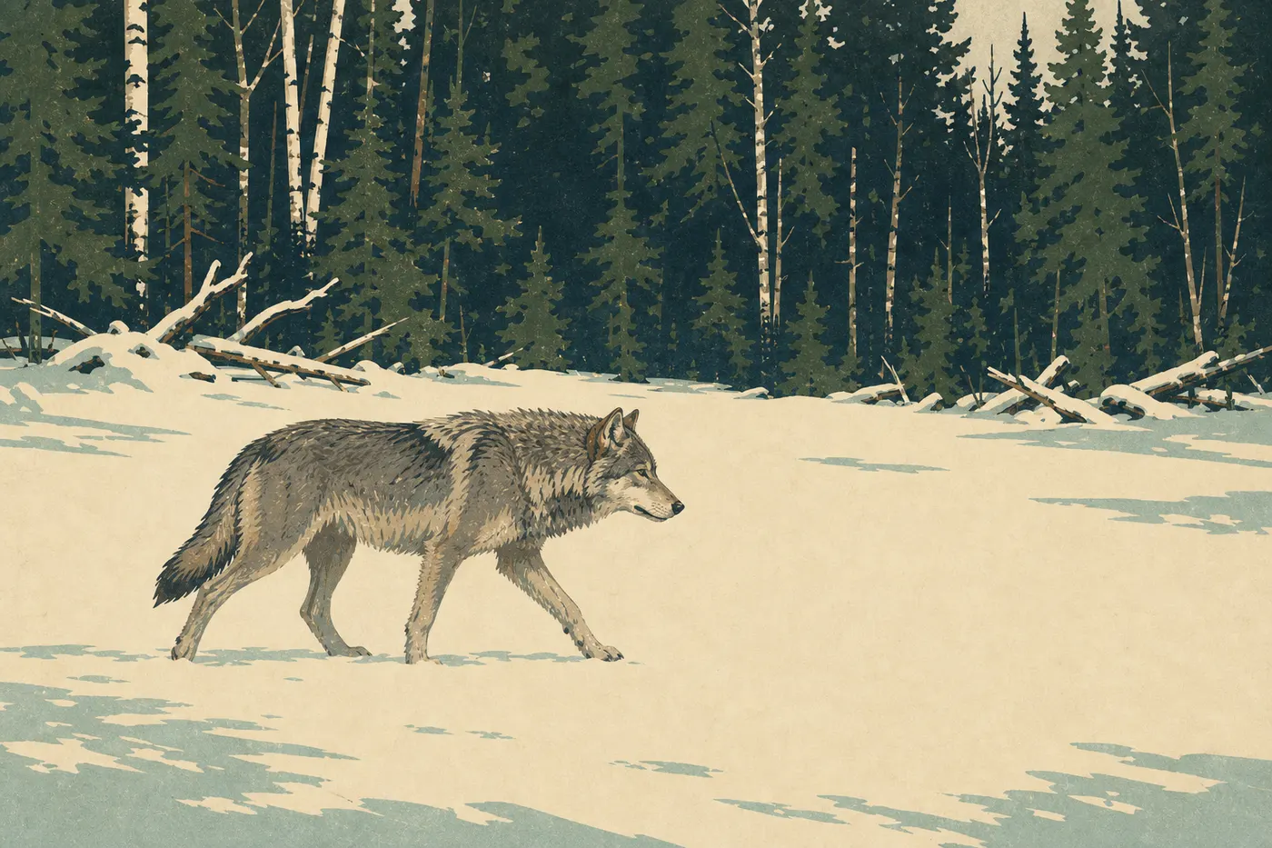Illustration sérigraphiée : Un loup gris solitaire traverse une clairière enneigée d'Isle Royale, entre épinettes et bouleaux dénudés.