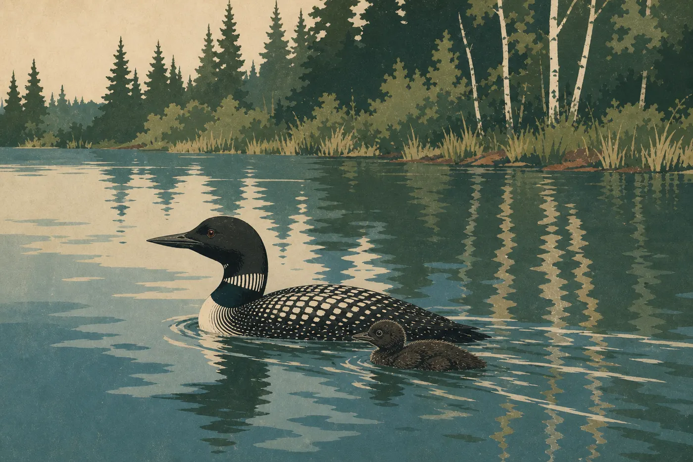 Illustration sérigraphiée : Un plongeon huard adulte nage avec son poussin sur les eaux paisibles d'un lac intérieur d'Isle Royale.