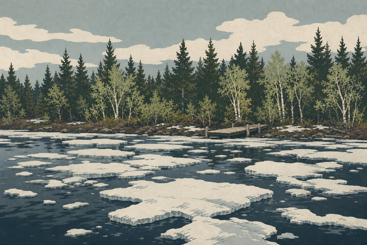 Illustration sérigraphiée : Les dernières plaques de glace dérivent devant Rock Harbor tandis que les bouleaux commencent à reverdir.