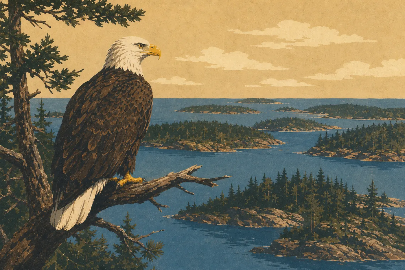 Illustration sérigraphiée : Un pygargue à tête blanche perché sur un conifère surveille les baies et îlots du lac Supérieur.
