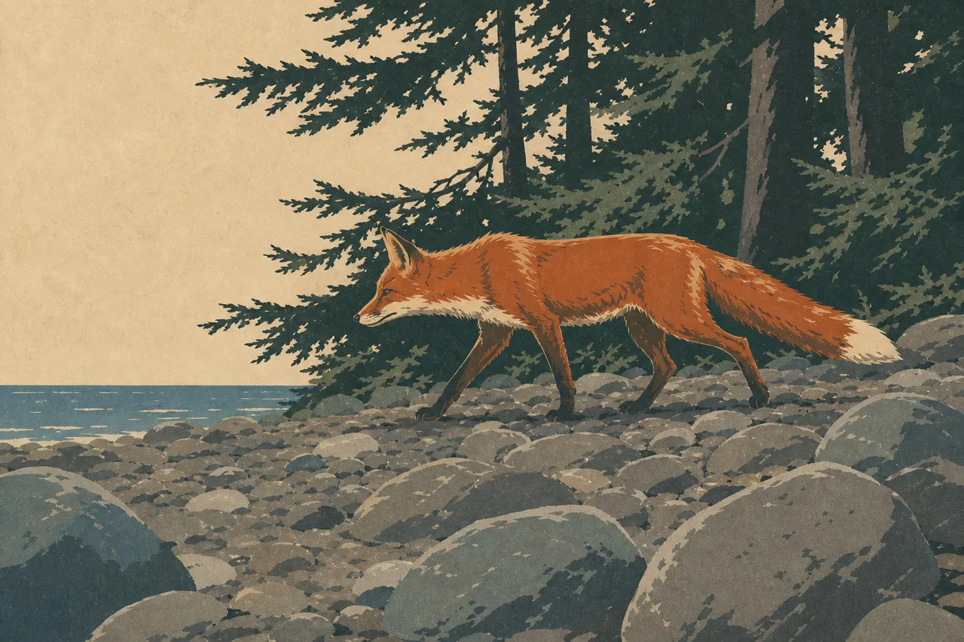 Illustration sérigraphiée : Un renard roux longe un rivage rocheux d'Isle Royale sous les branches basses des épinettes boréales.