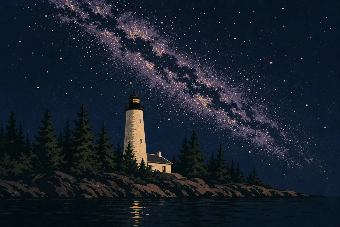 Illustration sérigraphiée : La Voie lactée se déploie au-dessus du phare de Rock Harbor et de la silhouette noire des conifères.