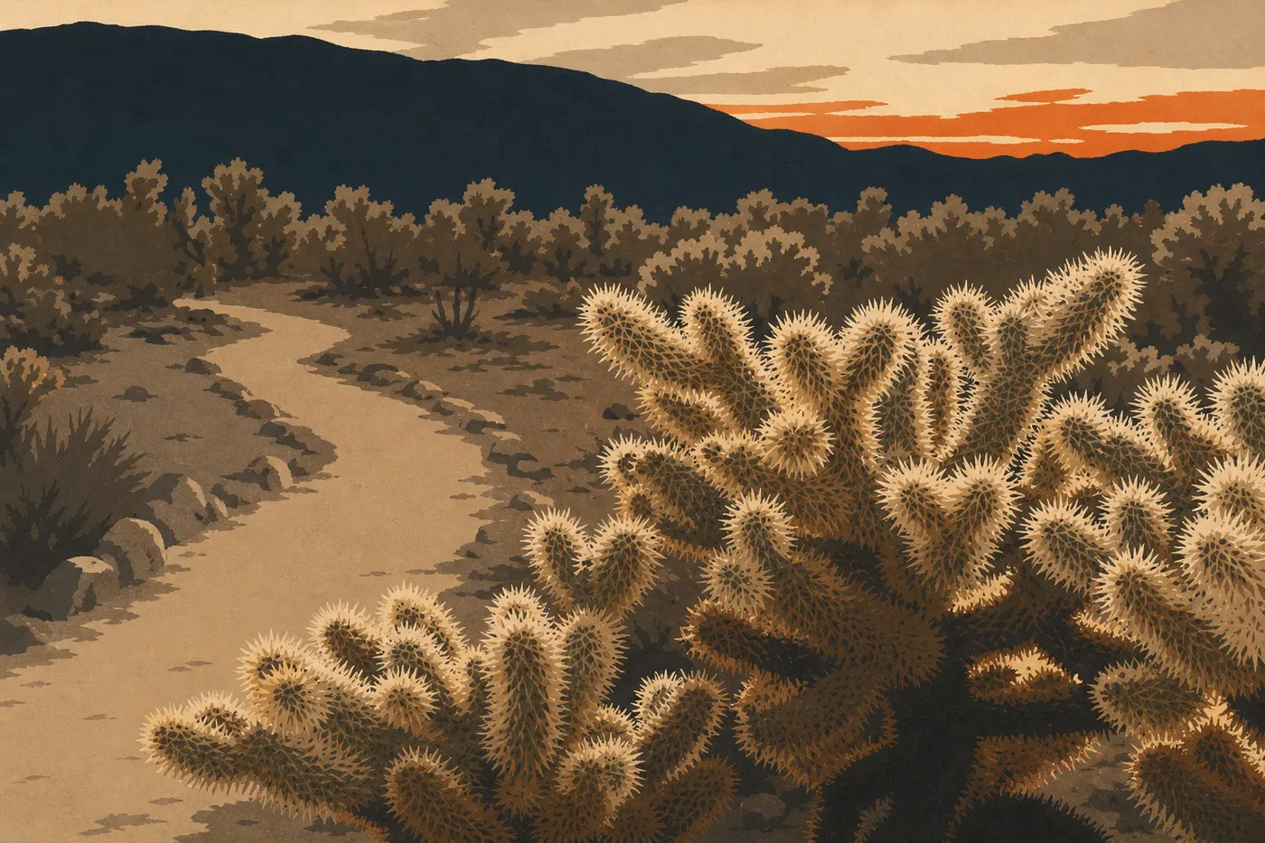 Illustration sérigraphiée : Secteur est : la Cholla Cactus Garden et la frontière des deux déserts