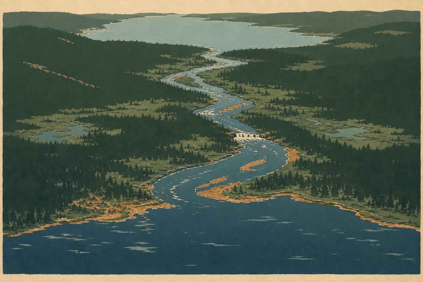 Illustration sérigraphiée : Une vue aérienne réunit Brooks Camp, la rivière Brooks, le lac Brooks et la vaste étendue du lac Naknek.
