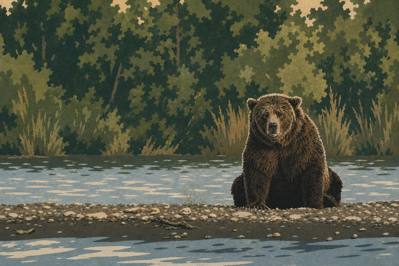 Illustration sérigraphiée : Sous la lumière estivale, un ours pêche dans la rivière Brooks bordée de végétation verte et dense.