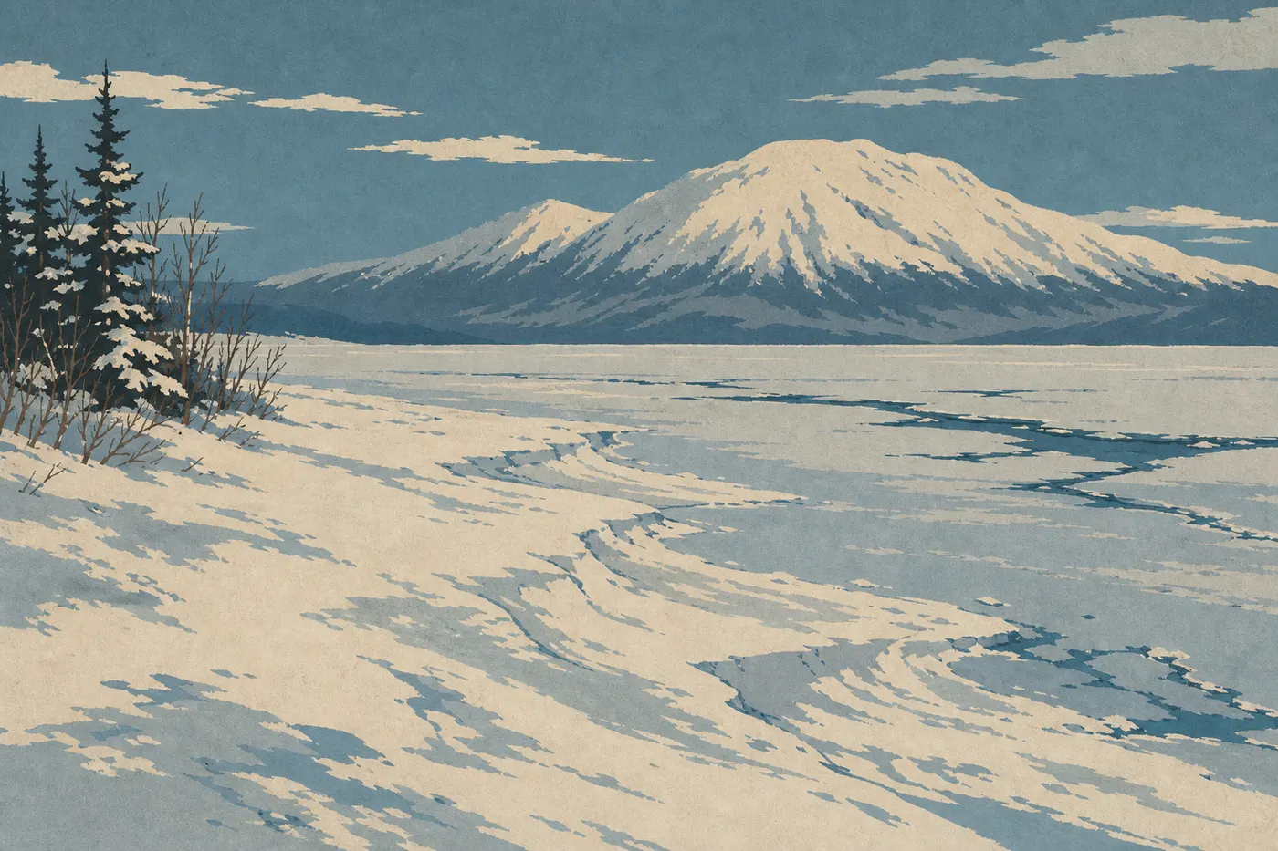 Illustration sérigraphiée : La rive gelée du lac Naknek disparaît sous la neige tandis que Dumpling Mountain ferme l'horizon hivernal.
