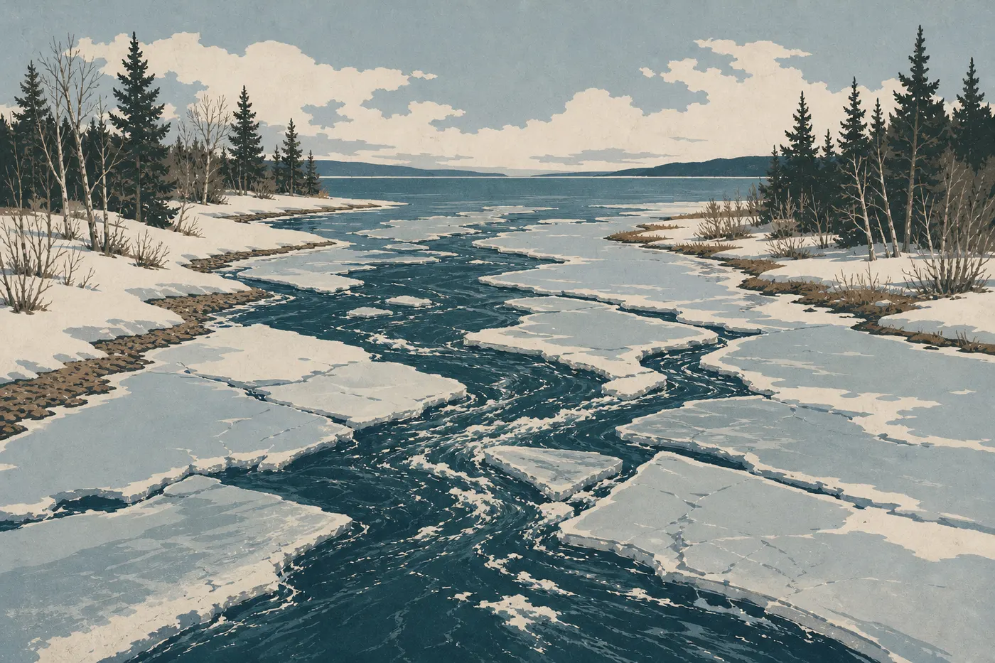 Illustration sérigraphiée : La débâcle printanière libère l'embouchure de la rivière Brooks entre plaques de glace et forêt encore enneigée.