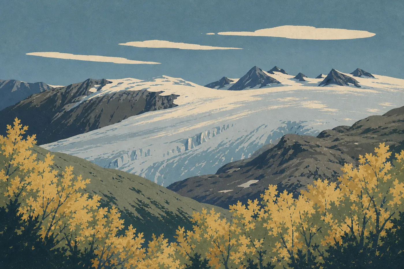 Illustration sérigraphiée : Les feuillages jaunes de la vallée d’Exit Glacier encadrent la langue de glace au début de l’automne.