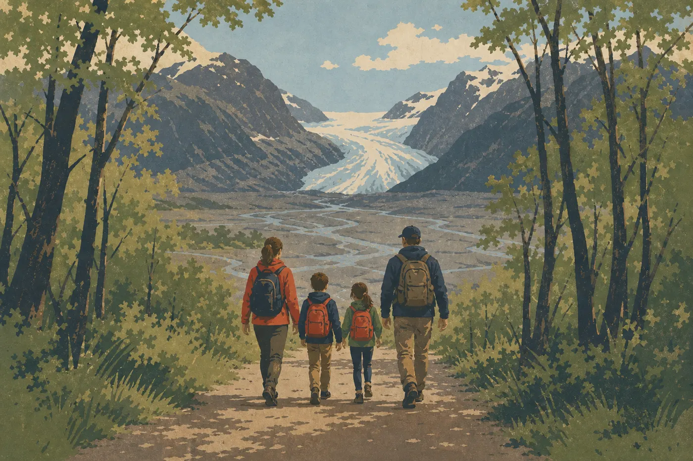 Illustration sérigraphiée : Une famille parcourt le Glacier View Loop Trail aménagé dans la forêt de peupliers devant Exit Glacier.