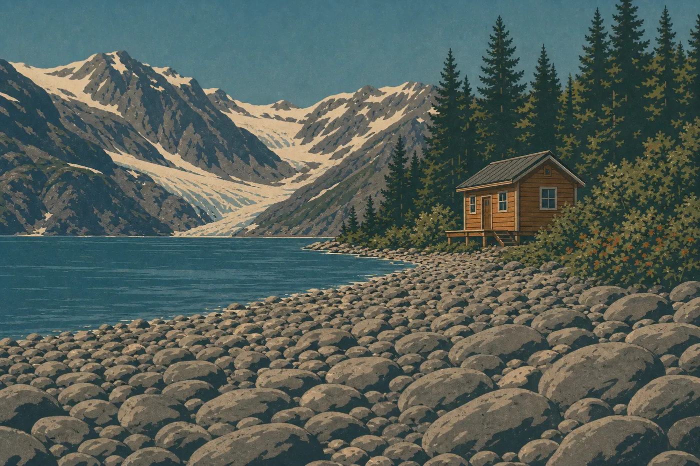 Illustration sérigraphiée : Aialik Public Use Cabin apparaît sur son rivage isolé, face aux eaux froides et aux montagnes glaciaires.