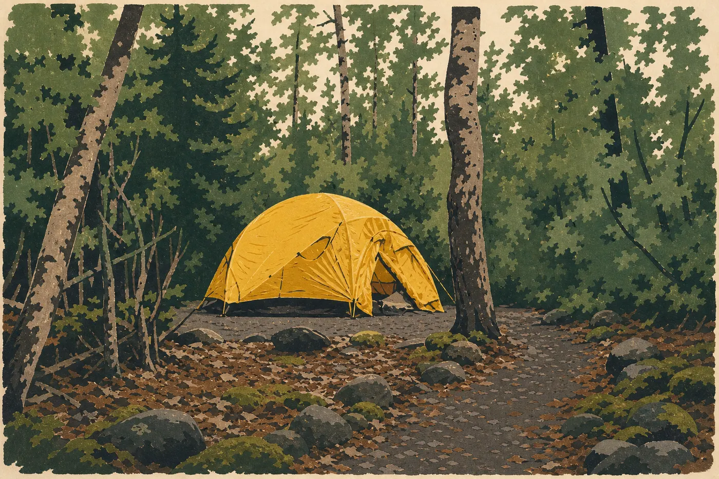 Illustration sérigraphiée : Une tente est installée parmi les arbres du petit terrain de camping piéton d’Exit Glacier.