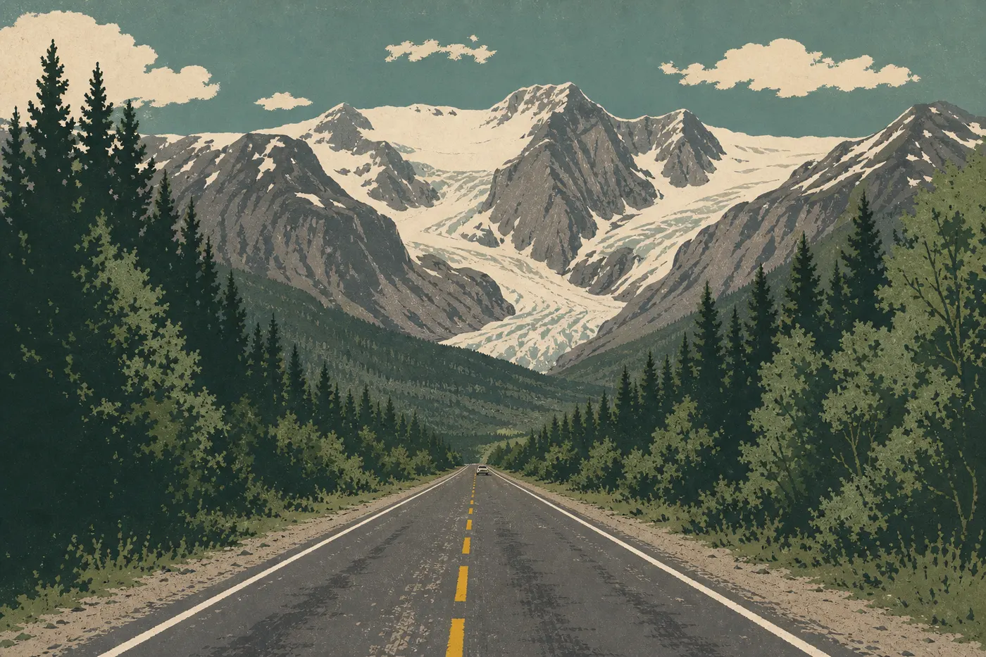 Illustration sérigraphiée : Herman Leirer Road traverse la vallée boisée en direction d’Exit Glacier et des montagnes du Harding Icefield.