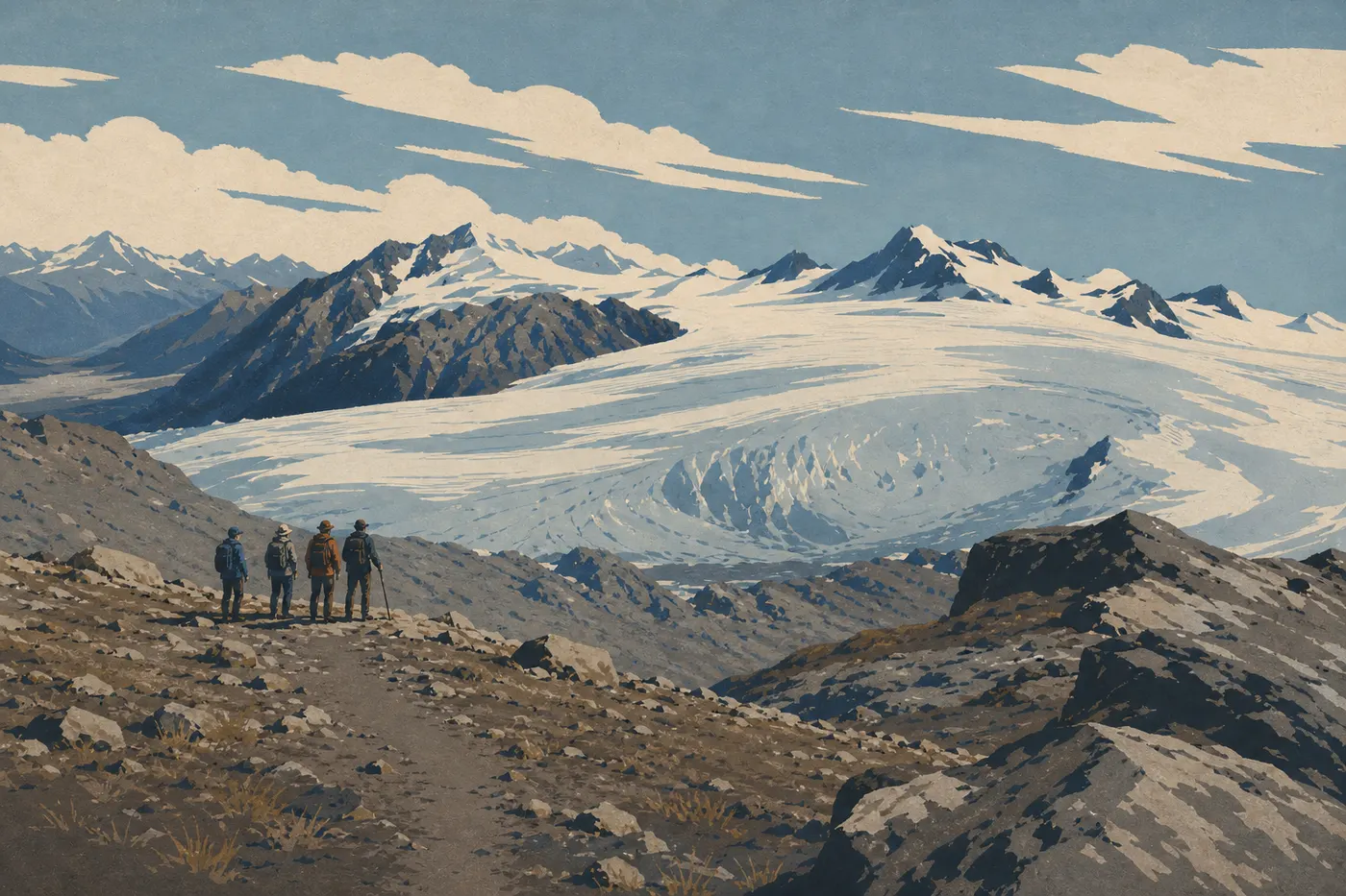 Illustration sérigraphiée : Des randonneurs dominent le Harding Icefield depuis l’extrémité alpine du spectaculaire Harding Icefield Trail.