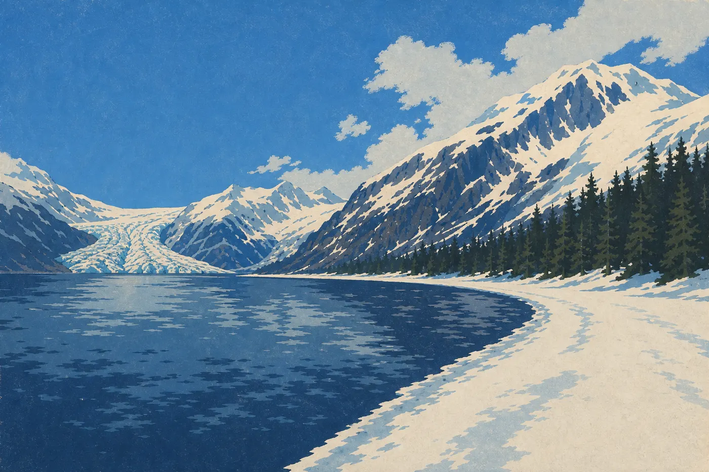 Illustration sérigraphiée : Exit Glacier et sa vallée disparaissent sous la neige hivernale, entre épicéas sombres et versants blancs.