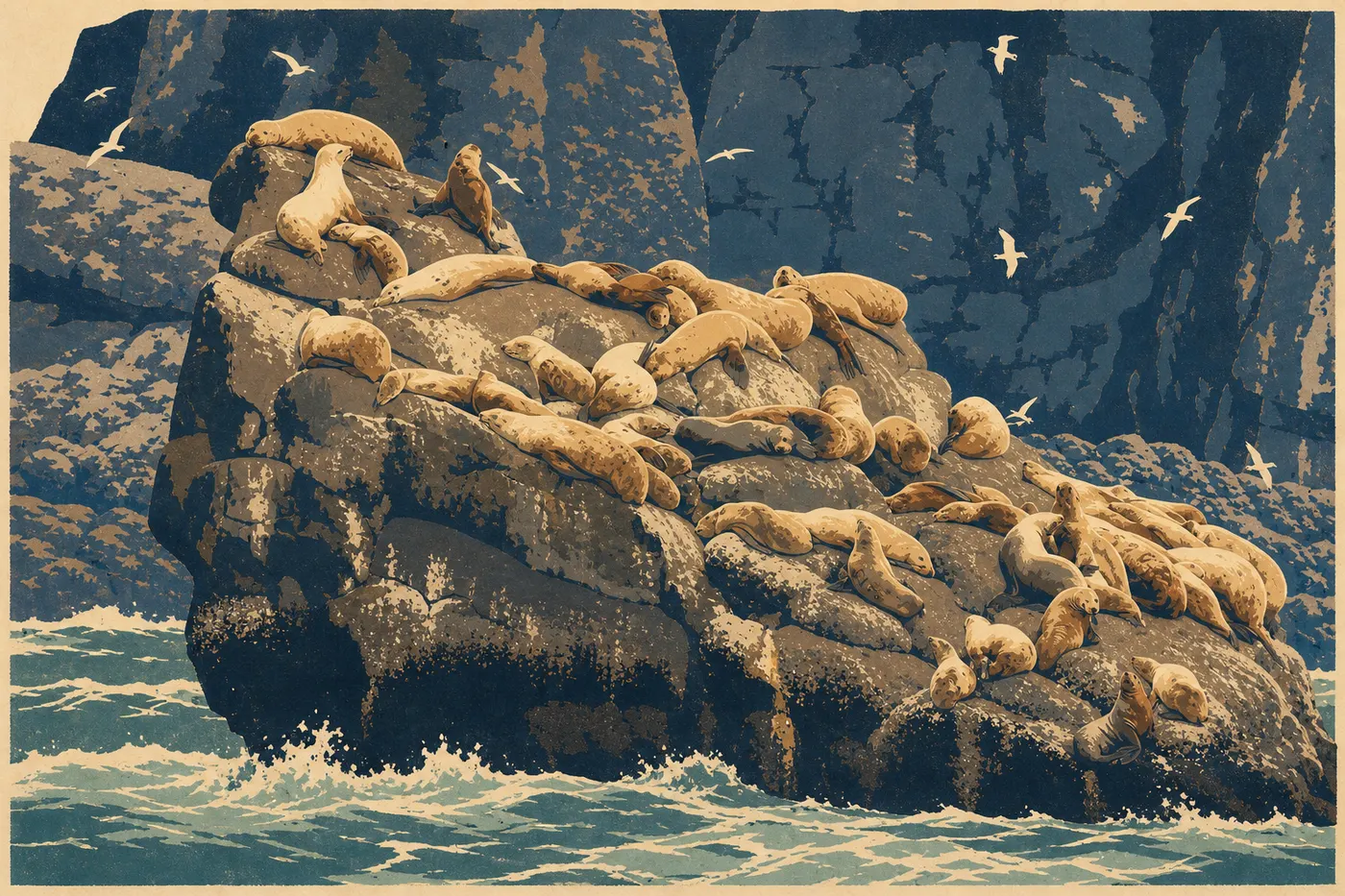 Illustration sérigraphiée : Des lions de mer de Steller occupent les rochers battus par les vagues des Chiswell Islands.